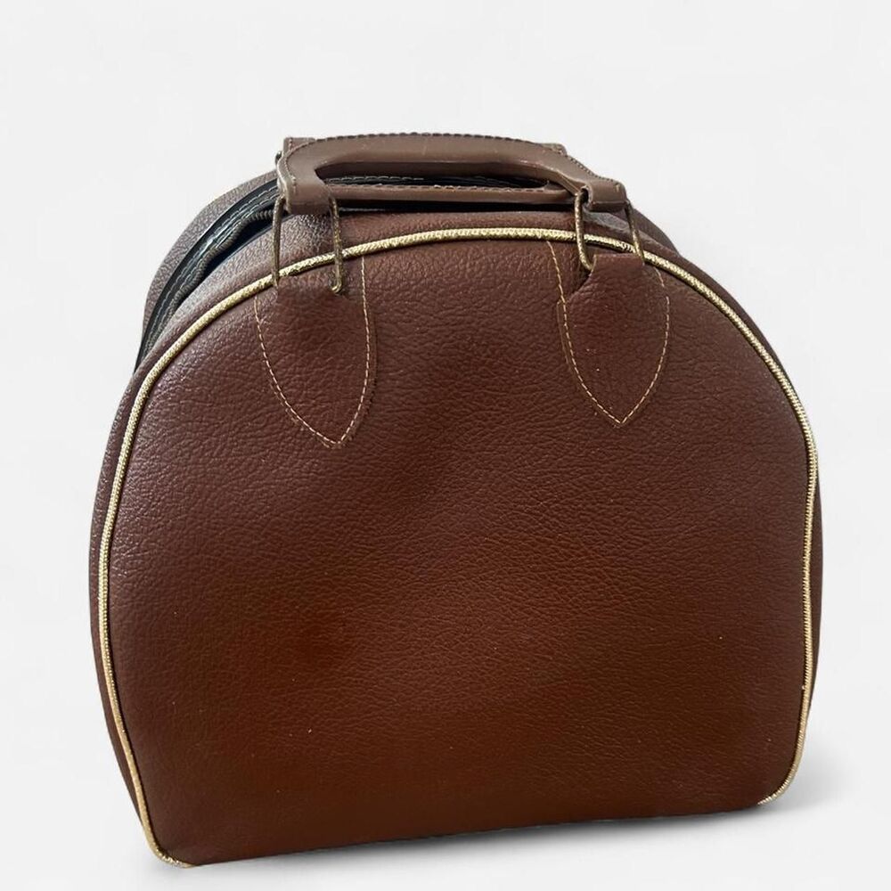 Vintage 70s Brown Vinyl Bowling Bag with Gold Trim.